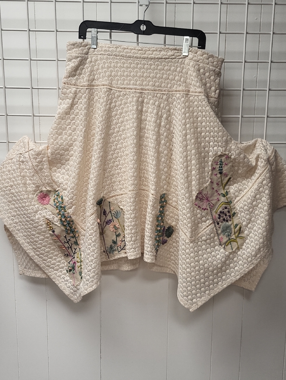 Boho Cream Embroidered Asymmetrical Crochet Skirt, Custom Embellishment, Large